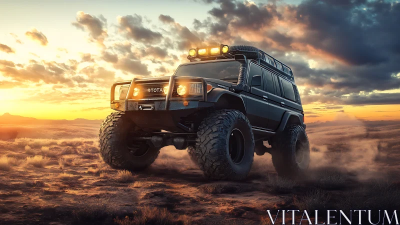 Lifted off road SUV in desert sunset, high clearance build