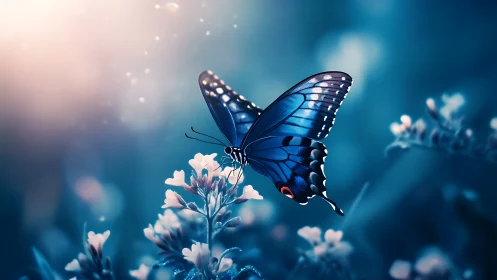 Blue butterfly rests on flower within defocused blue field