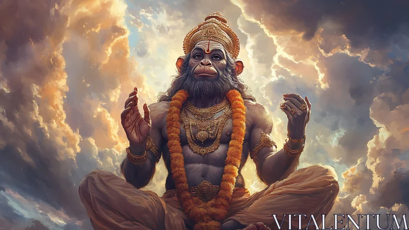 Divine Hanuman sits in radiant clouds of devotion and power