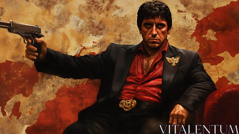 Brooding crime boss in red shirt against raw painted wall.