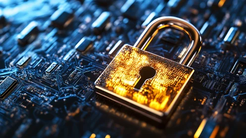 Golden security padlock shines atop dark digital circuitry.