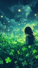 Anime nightscape of girl in glowing clover meadow panorama.