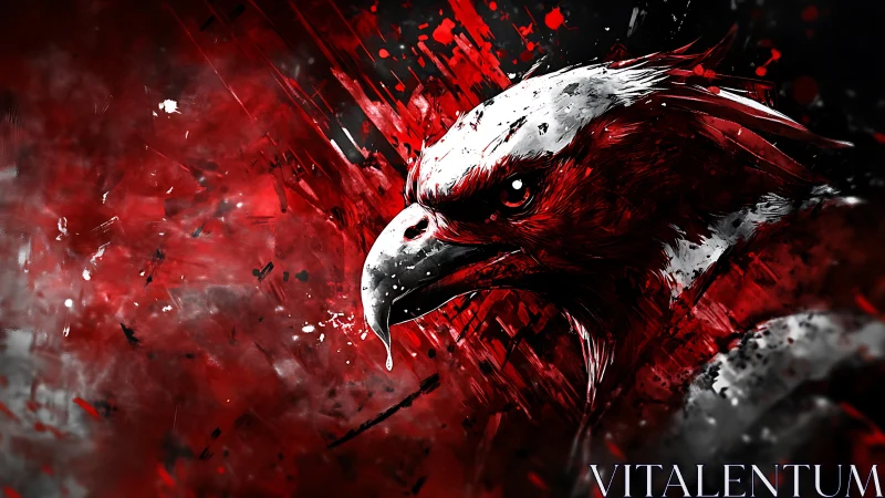 Fierce crimson eagle emerging from a storm of color.