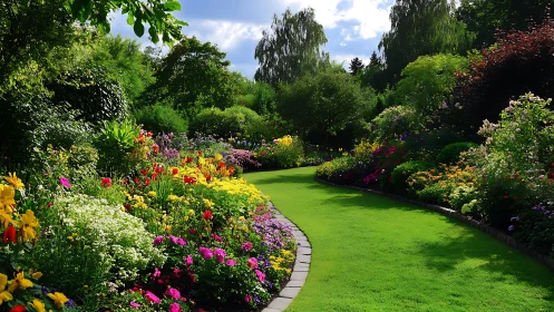 Curving garden lawn bisects densely planted summer flower borders