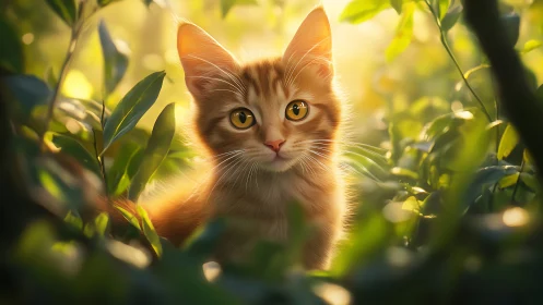 Orange tabby kitten amid backlit foliage.