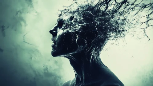 Human silhouette dissolves into fluid, fracturing upward