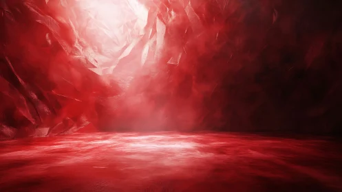 Crimson Abstract Chamber with Luminous Central Vanishing Point.