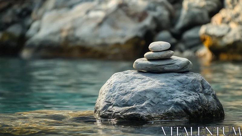 Zen stone cairn on rock in calm turquoise water scene.