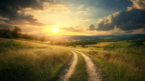 Country dirt road curves toward golden valley sunset glow.