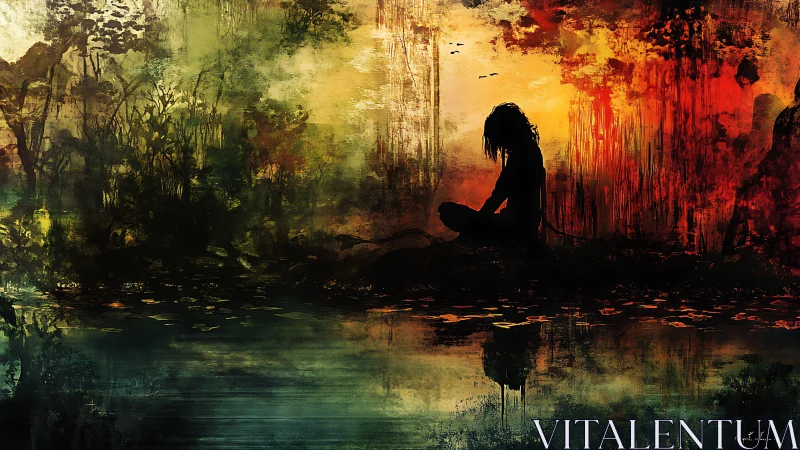 Silhouette seated by reflective forest water at sunset.