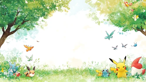 Sunny meadow gathering with playful anime creatures.