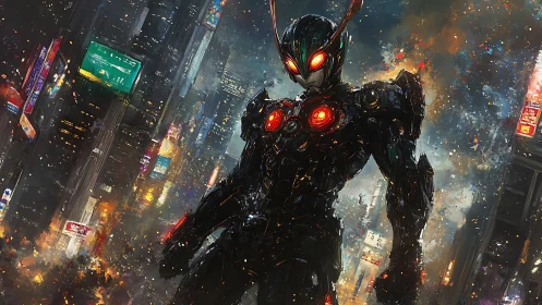 Cybernetic insectoid warrior dominating burning neon city.