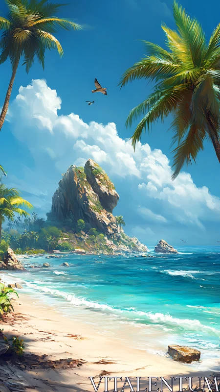 Rocky Sentinel Presides Over Turquoise Paradise With Dancing Palms