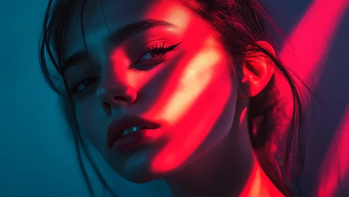 Neon-kissed portrait drifting between cyan hush and scarlet blaze.