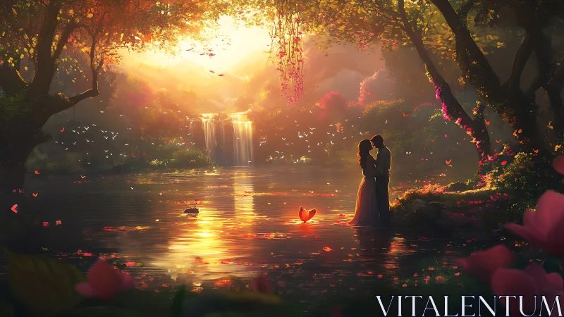 Romantic couple silhouettes with waterfall cascade illuminated by golden sunset.