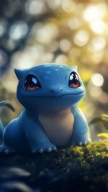 Cartoon blue creature sits on moss in shallow depth of field