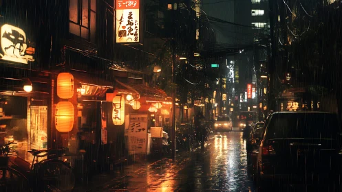 Warm lantern lights glow along a rainy neon city street
