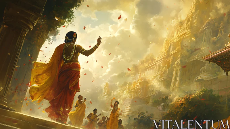 Processional ascent toward radiant golden temple in monsoon light