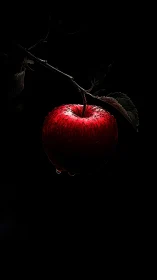 Red apple hangs from branch in stark low key lighting