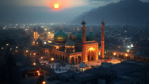 Golden mosque glow at dusk over a softly twinkling city.