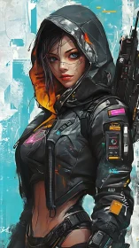 Fearless cyberpunk heroine stands ready in neon city glow