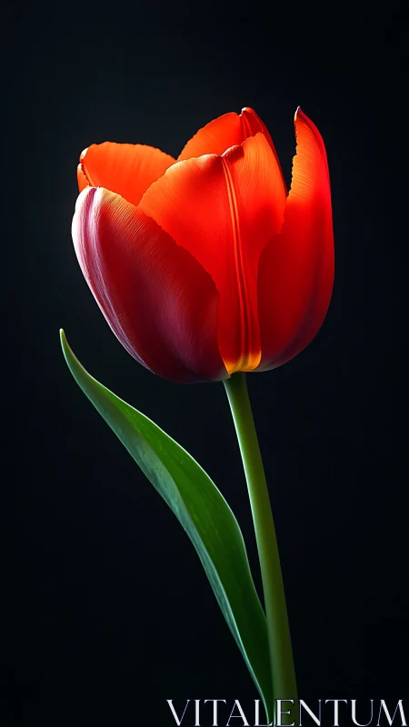 Glowing red tulip standing tall against deep night shadow.