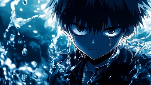 Anime boy portrait surrounded by dynamic blue water effects.