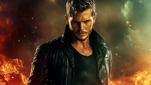 Leather-clad firebrand stalks through cinematic burning storm