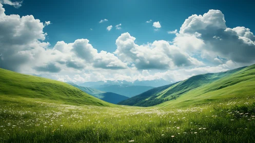 Sunlit alpine valley with rolling grasslands under cumulus sky