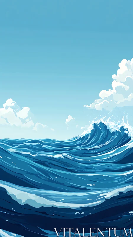 Digital seascape illustration shows stylized mid-ocean waves