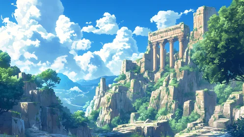 Sunlit cliffside temple ruins under expansive cumulus sky