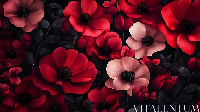 Red and Pink Poppies on Black Background.