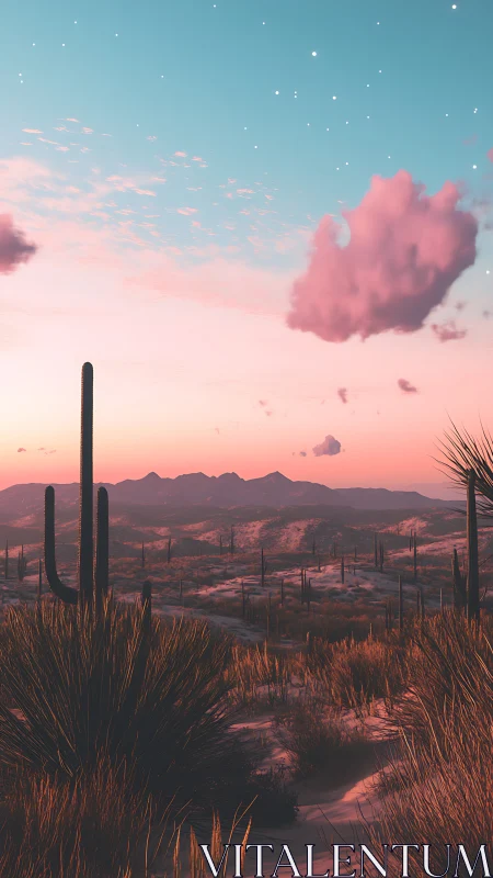 Desert landscape with cacti under pink sunset sky.