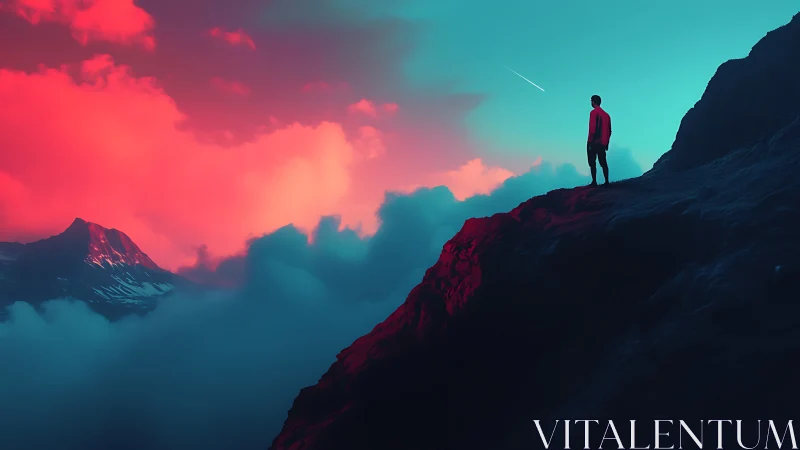 Lone figure watches neon clouds ignite a dreamlike mountain sky