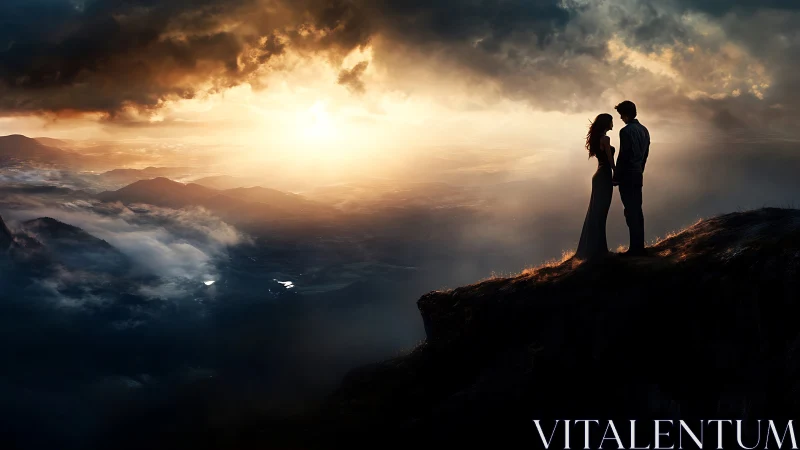 Silhouetted Couple on Rocky Outcrop Against Dramatic Golden Sunrise with Cloud Inversion