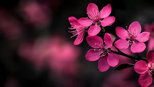 Vivid Magenta Cherry Blossoms Against Dark Bokeh Background.