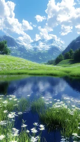 Mountain lake reflects clouds above snow covered valley