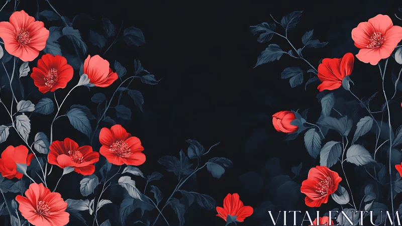Red flowers against dark foliage, botanical digital illustration.
