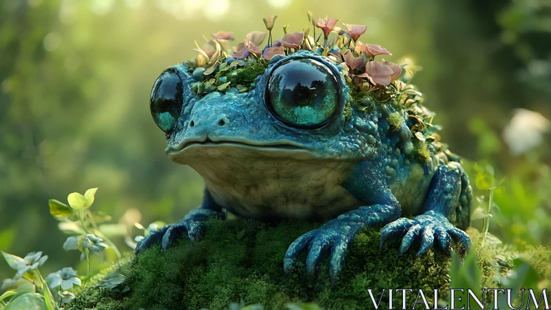 Gentle blue frog with flower crown resting in soft sunlight.