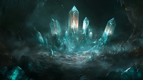 Luminous cyan crystal spires in mist-laden subterranean cavern.