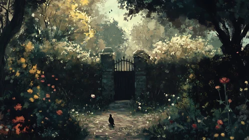 Secret garden gate beneath dappled woodland light.