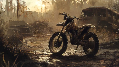 Mud-splattered dirt bike in smoky post-apocalyptic junkyard.