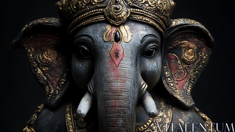 Ganesha statue glows with ornate gold detailing and shadowed depth.