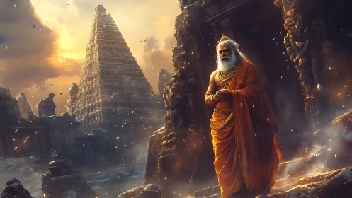 Ancient sage walks calmly through glowing temple ruins