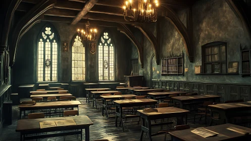 Cozy candlelit classroom bathed in quiet, golden nostalgia.