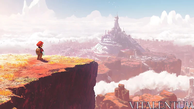 Small traveler gazes toward a distant sky castle in wonder