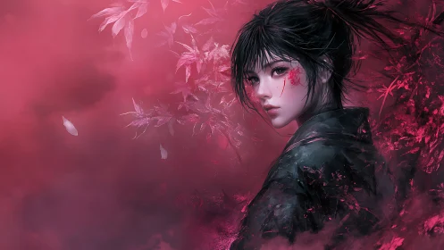 Samurai heroine framed in diffuse crimson fog and foliage gradients