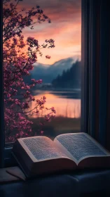 Open book on windowsill with pink blossoms at sunset.