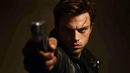 Intense gunman portrait under low key cinematic lighting.