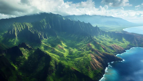 Coastal mountain range meets ocean under scattered clouds